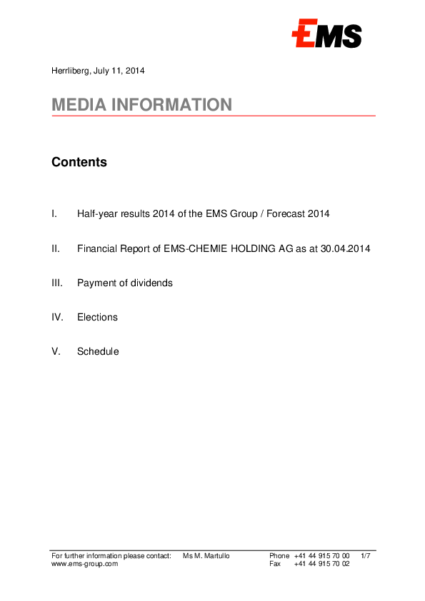 Half-year results 2014 (January - June 2014) of the EMS Group